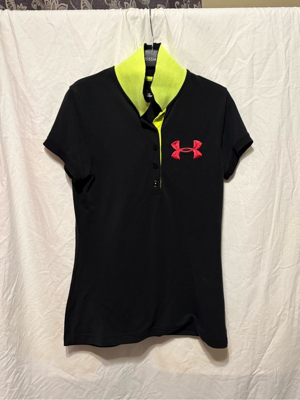 Under Armour Black Polo with Neon Yellow Collar and Pink Logo Accent